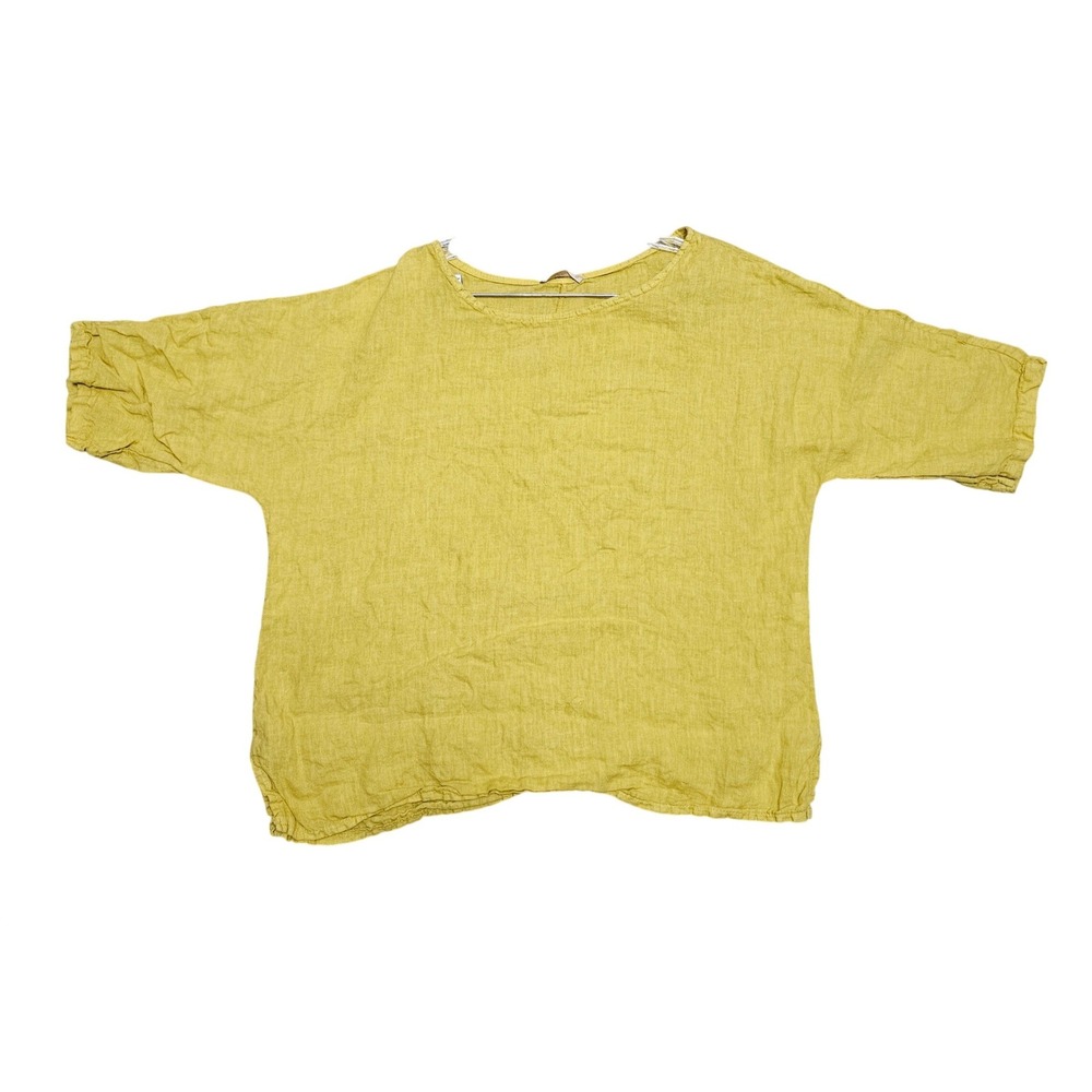 Giusy Top Women M Yellow Linen Blouse Made In Italy Boxy Oversized Scoop Neck
